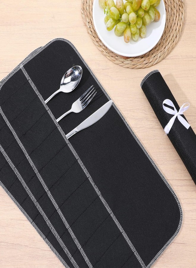 AojSup 8 Pcs Silver Storage Bags Anti Tarnish Silver Protector Bags Black Holder for Silverware Flatware Storage Organizer Cloth Place Setting Roll with White Ribbon for Teaspoon Utensils - Image 4